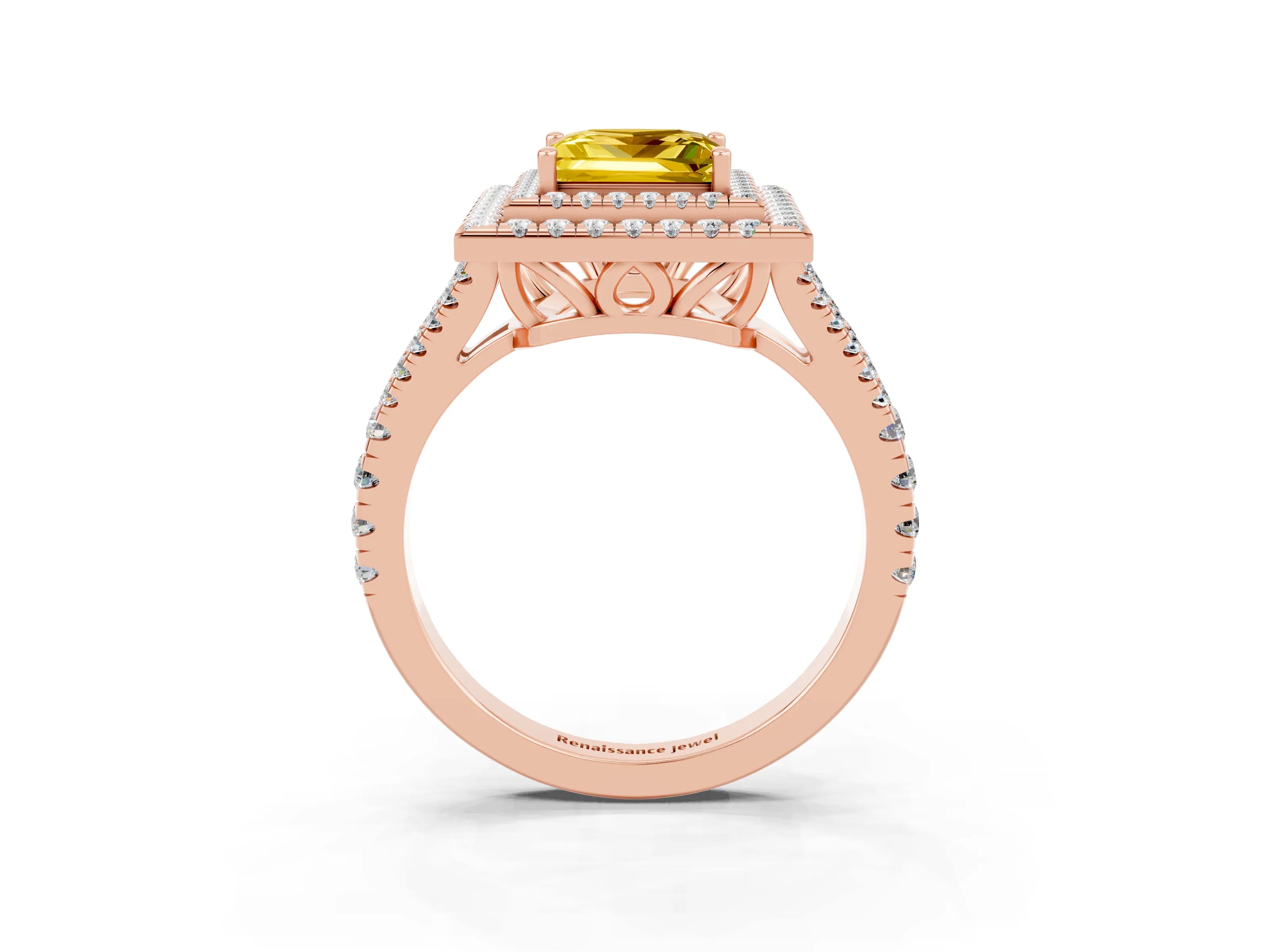 Rose gold Princess Cut Yellow Sapphire Double Halo Ring with Pavé Band and Prong Setting_15