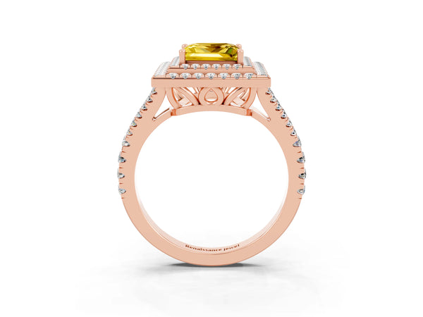 Rose gold Princess Cut Yellow Sapphire Double Halo Ring with Pavé Band and Prong Setting