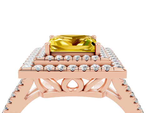 Rose gold Princess Cut Yellow Sapphire Double Halo Ring with Pavé Band and Prong Setting_16