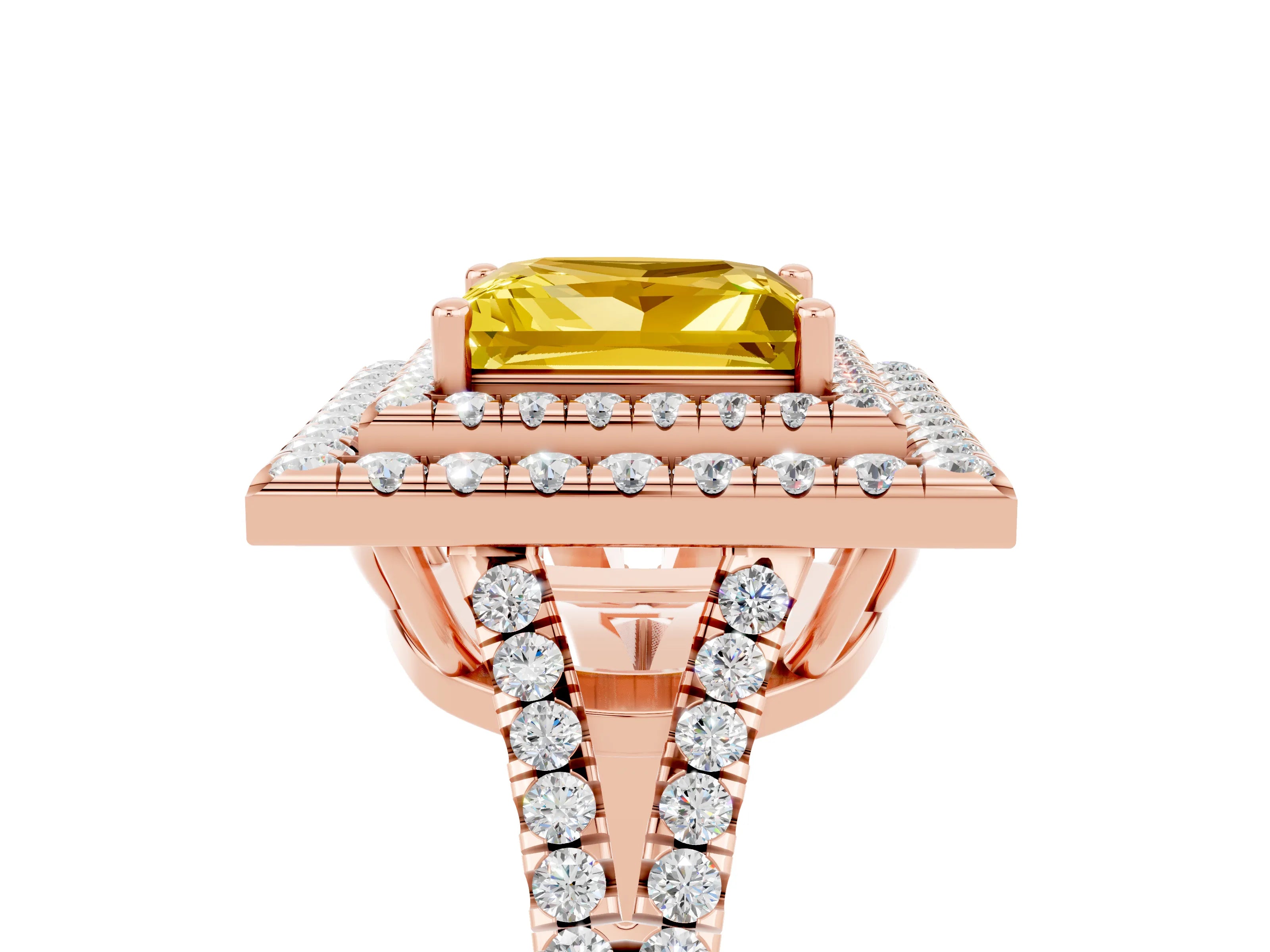 Rose gold Princess Cut Yellow Sapphire Double Halo Ring with Pavé Band and Prong Setting_17