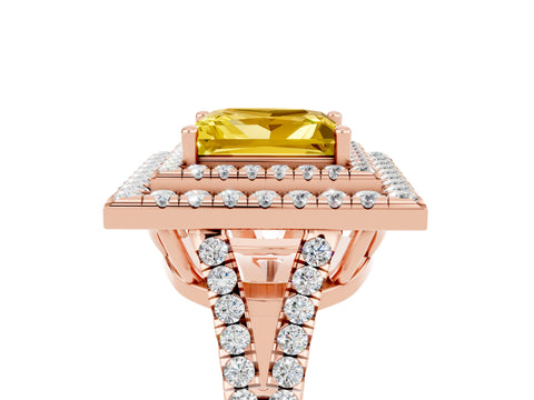 Rose gold Princess Cut Yellow Sapphire Double Halo Ring with Pavé Band and Prong Setting_17