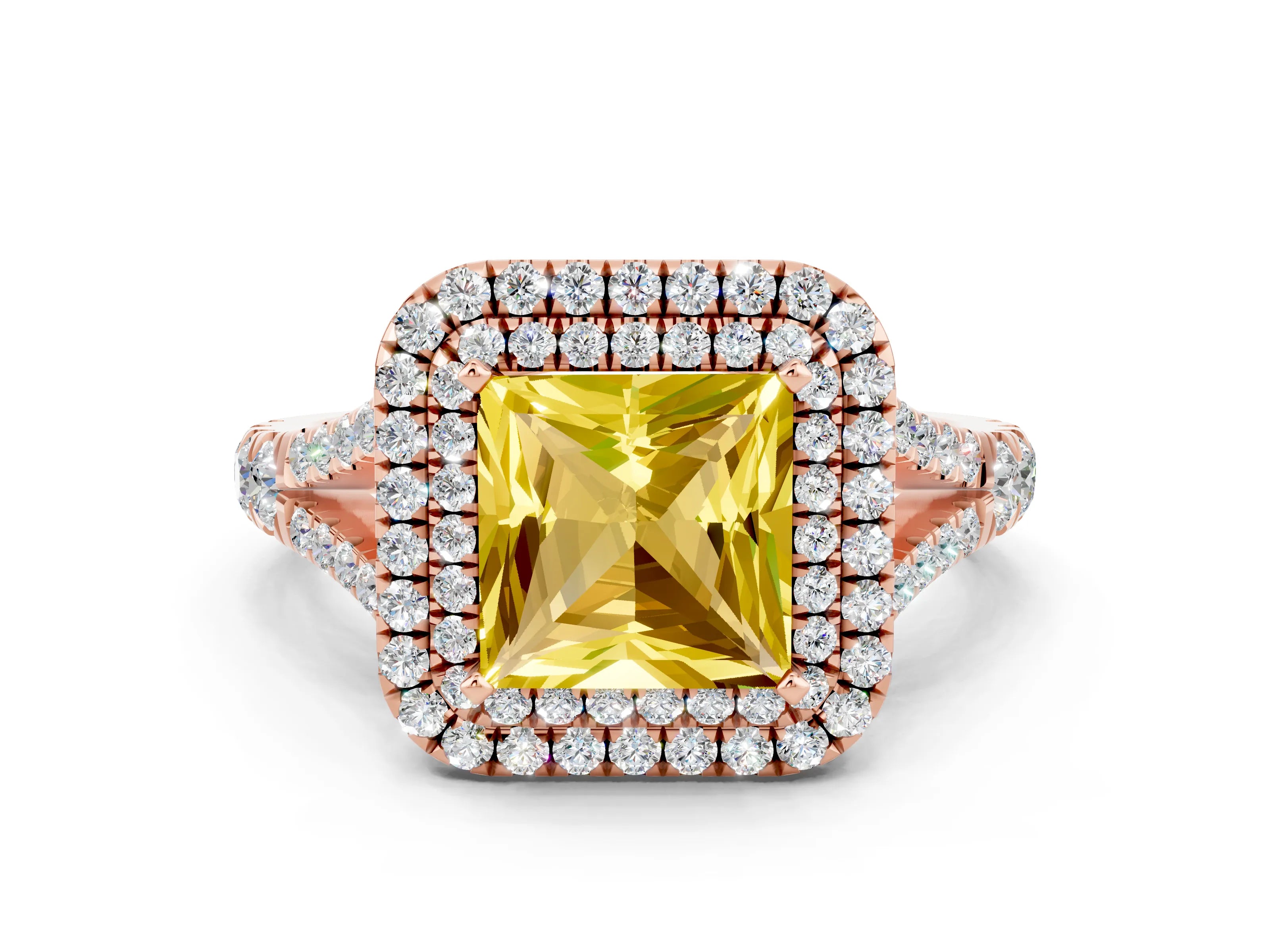 Rose gold Princess Cut Yellow Sapphire Double Halo Ring with Split Shank and Prong Setting_12