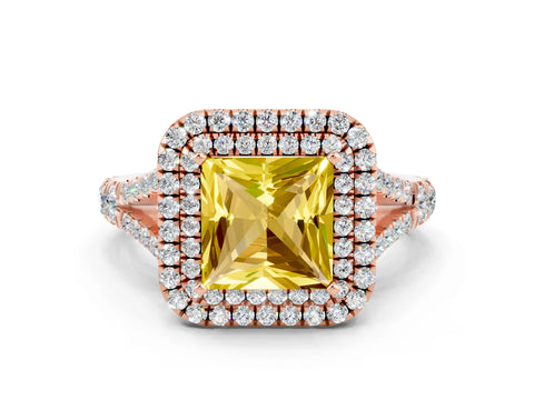 Rose gold Princess Cut Yellow Sapphire Double Halo Ring with Split Shank and Prong Setting_12