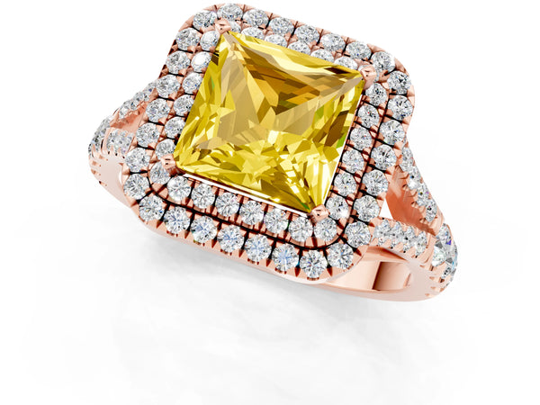 Rose gold Princess Cut Yellow Sapphire Double Halo Ring with Split Shank and Prong Setting