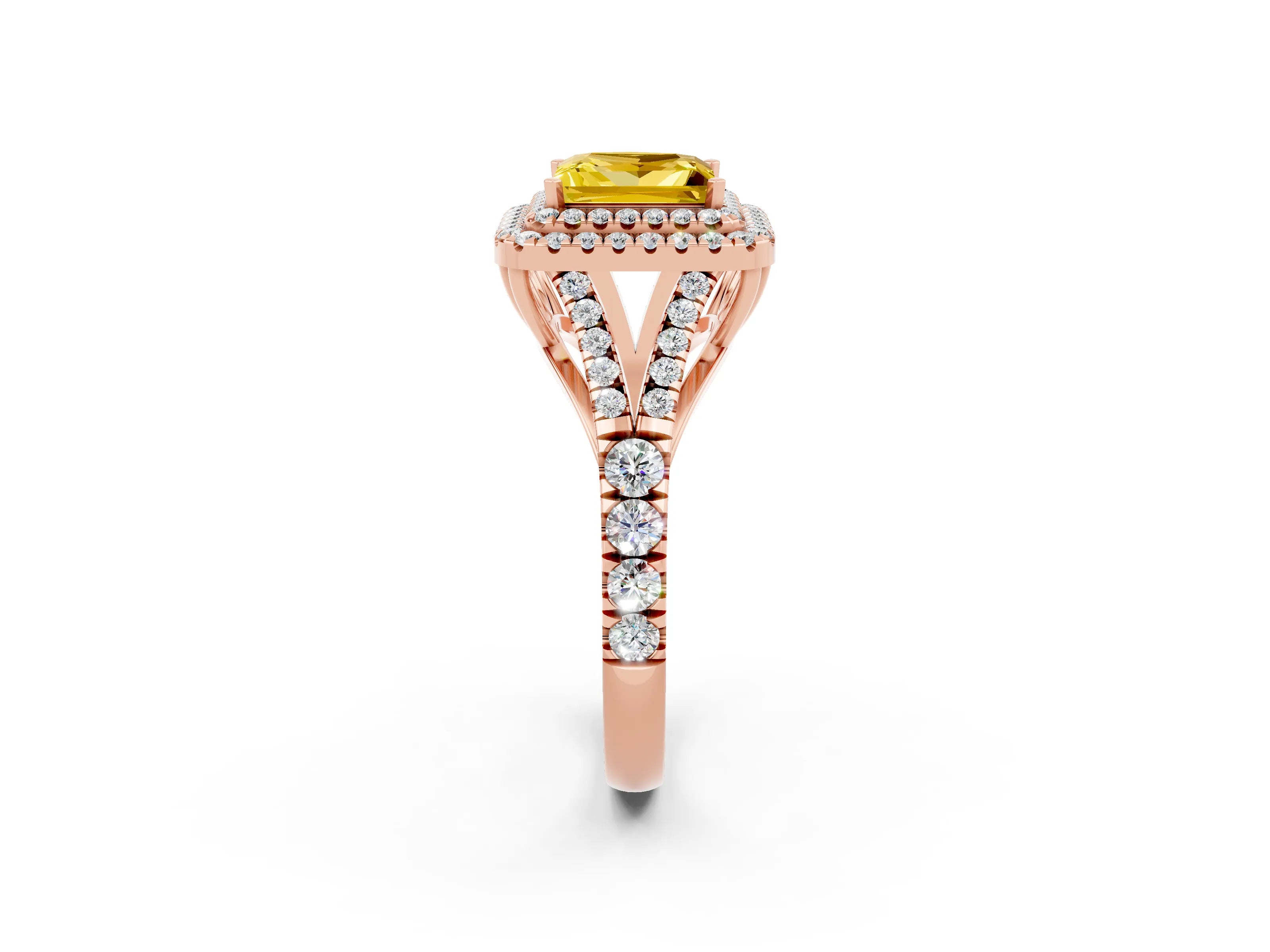 Rose gold Princess Cut Yellow Sapphire Double Halo Ring with Split Shank and Prong Setting_14
