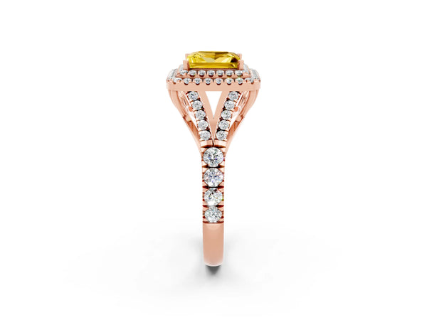 Rose gold Princess Cut Yellow Sapphire Double Halo Ring with Split Shank and Prong Setting