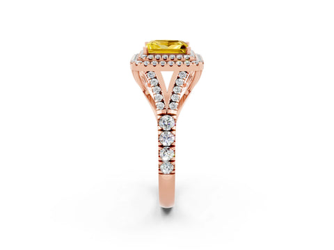 Rose gold Princess Cut Yellow Sapphire Double Halo Ring with Split Shank and Prong Setting_14