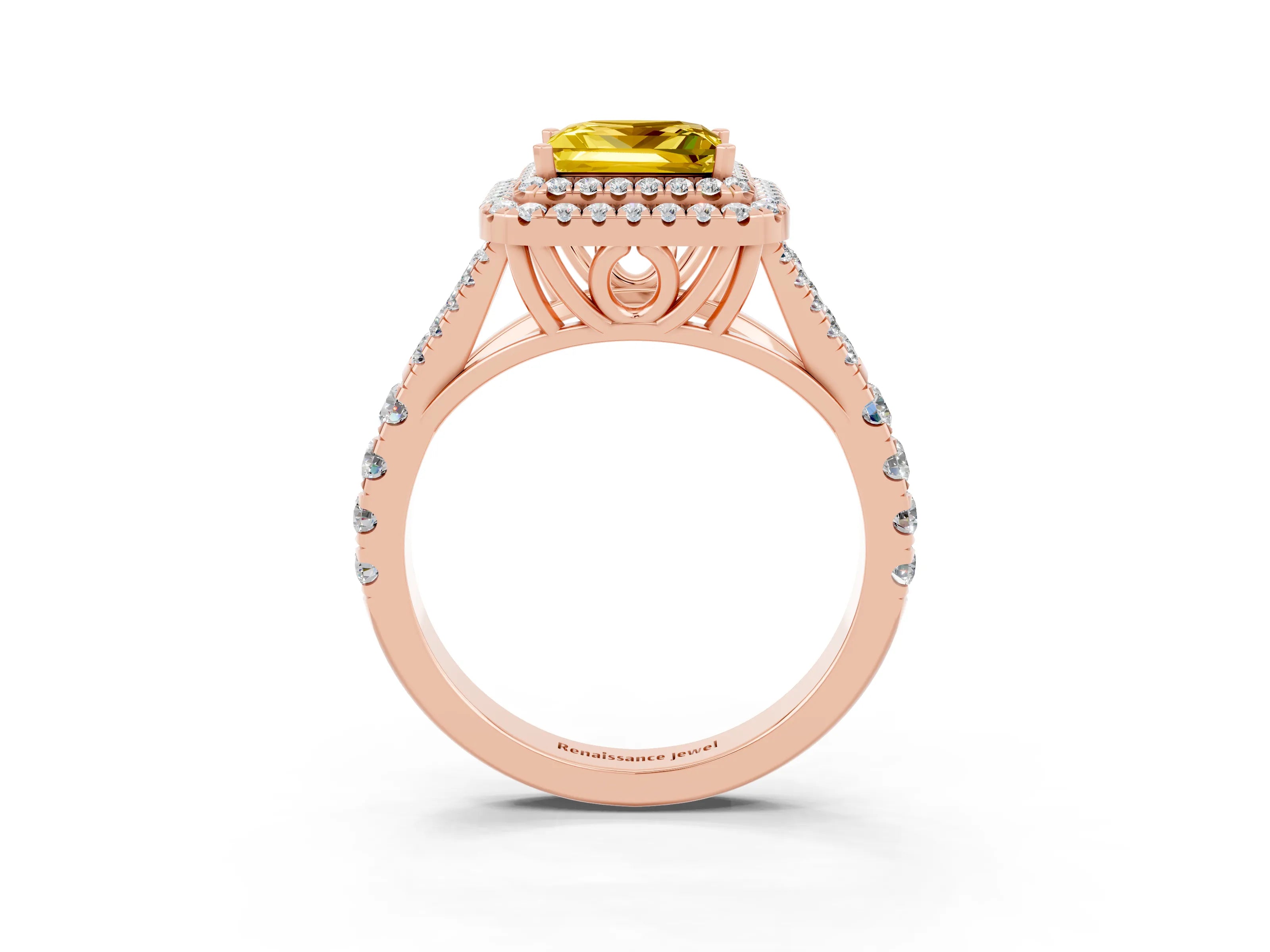 Rose gold Princess Cut Yellow Sapphire Double Halo Ring with Split Shank and Prong Setting_15