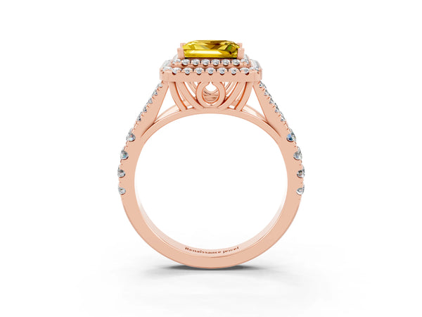 Rose gold Princess Cut Yellow Sapphire Double Halo Ring with Split Shank and Prong Setting