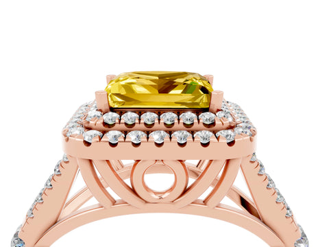 Rose gold Princess Cut Yellow Sapphire Double Halo Ring with Split Shank and Prong Setting_16