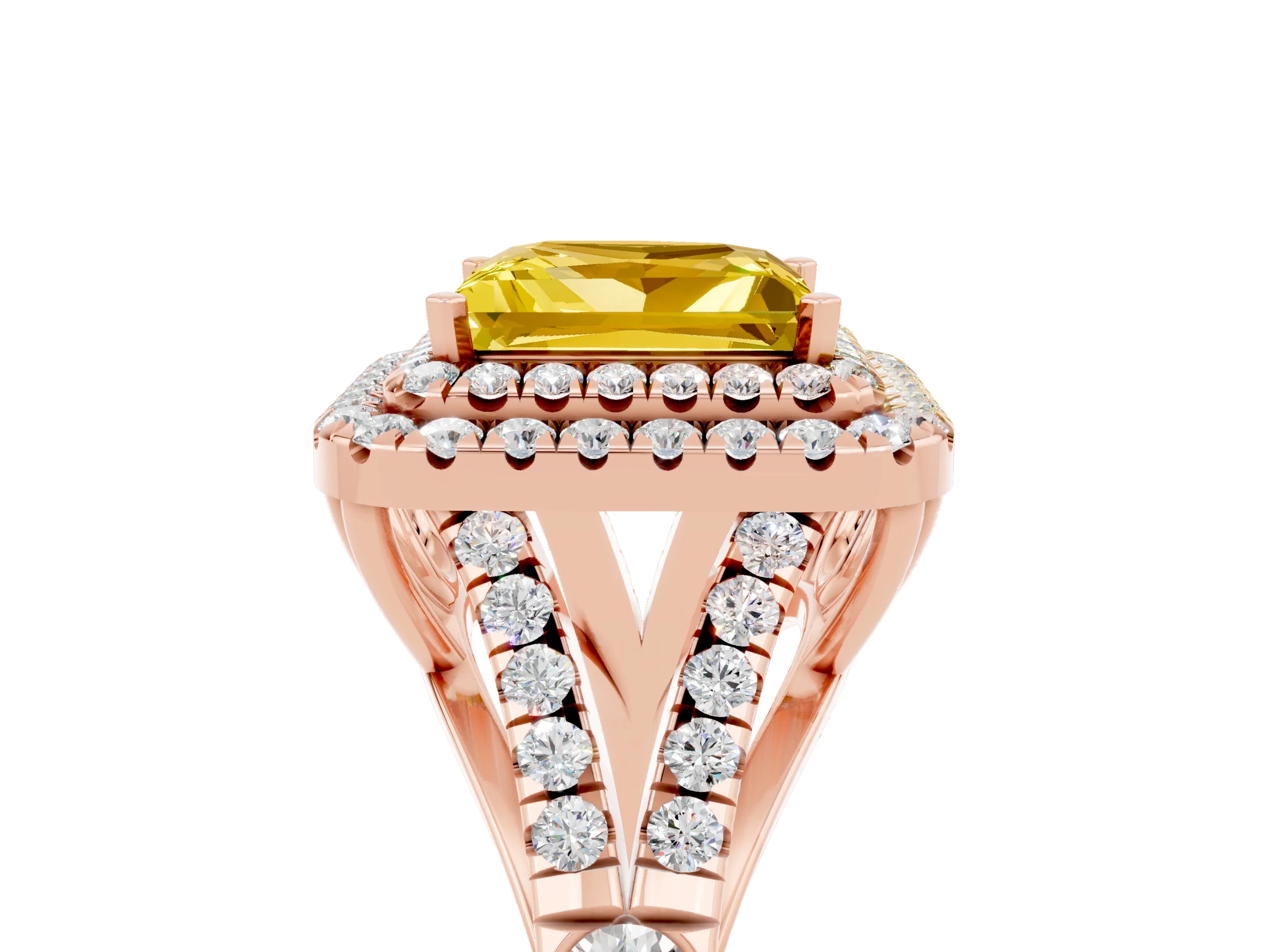 Rose gold Princess Cut Yellow Sapphire Double Halo Ring with Split Shank and Prong Setting_17
