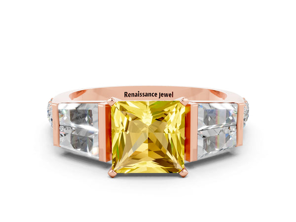 Rose gold Princess Cut Yellow Sapphire Engagement Ring with Baguette Side Stones and Channel Set Band