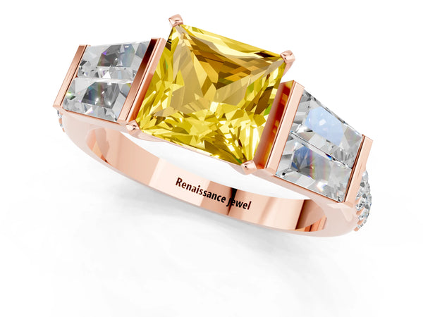 Rose gold Princess Cut Yellow Sapphire Engagement Ring with Baguette Side Stones and Channel Set Band