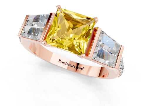 Rose gold Princess Cut Yellow Sapphire Engagement Ring with Baguette Side Stones and Channel Set Band_1