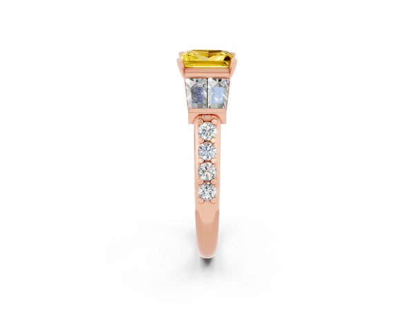 Rose gold Princess Cut Yellow Sapphire Engagement Ring with Baguette Side Stones and Channel Set Band