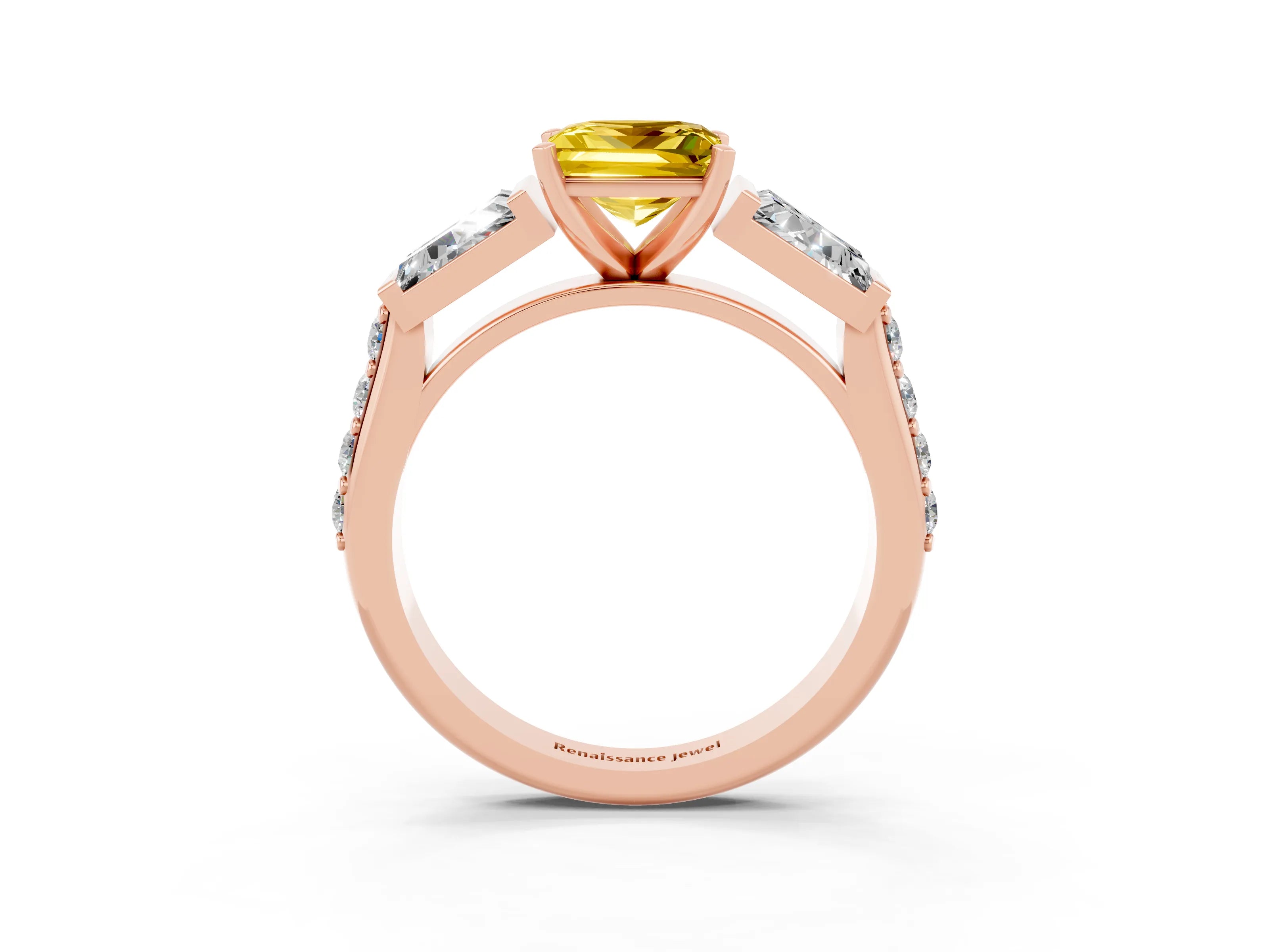 Rose gold Princess Cut Yellow Sapphire Engagement Ring with Baguette Side Stones and Channel Set Band_3