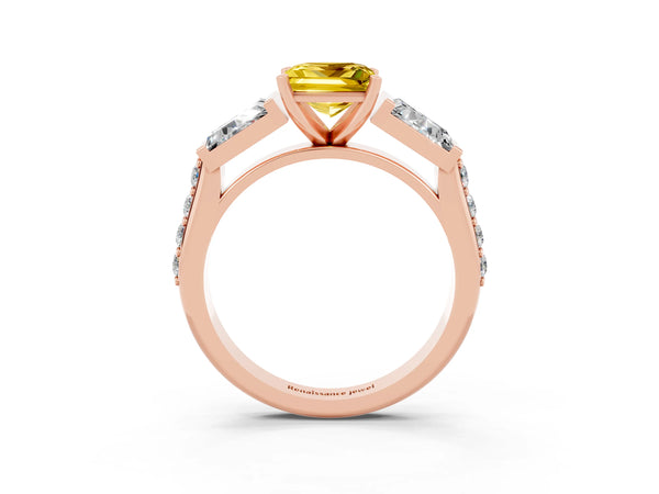 Rose gold Princess Cut Yellow Sapphire Engagement Ring with Baguette Side Stones and Channel Set Band