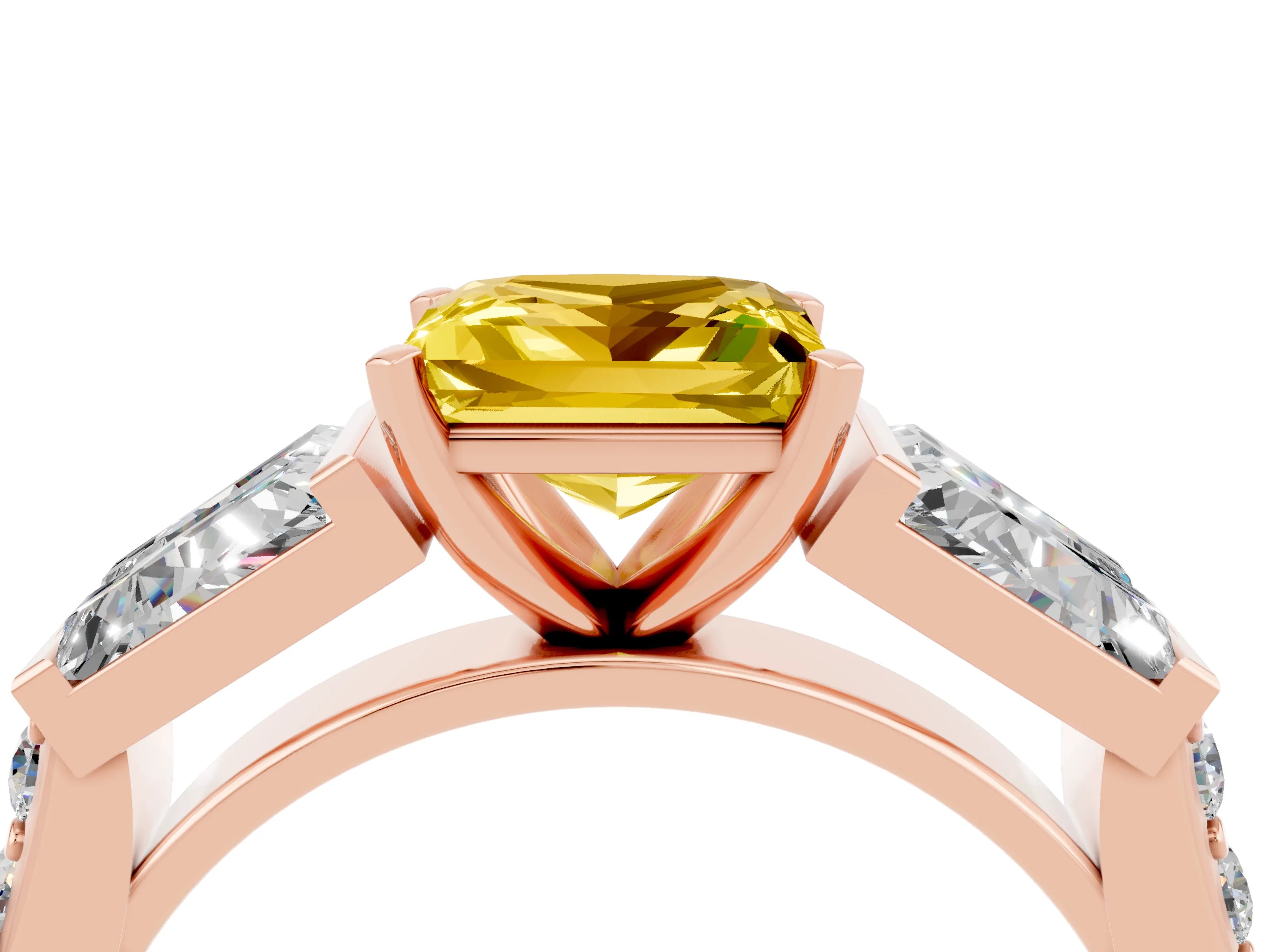 Rose gold Princess Cut Yellow Sapphire Engagement Ring with Baguette Side Stones and Channel Set Band_4
