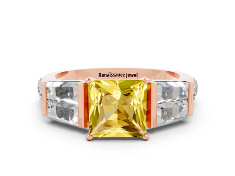 Rose gold Princess Cut Yellow Sapphire Engagement Ring with Baguette Side Stones and Channel Set Band