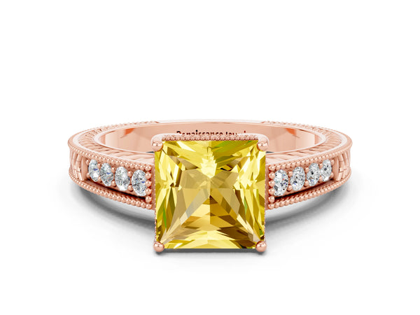 Rose gold Princess Cut Yellow Sapphire Engagement Ring with Milgrain Channel Set Band and Prong Setting
