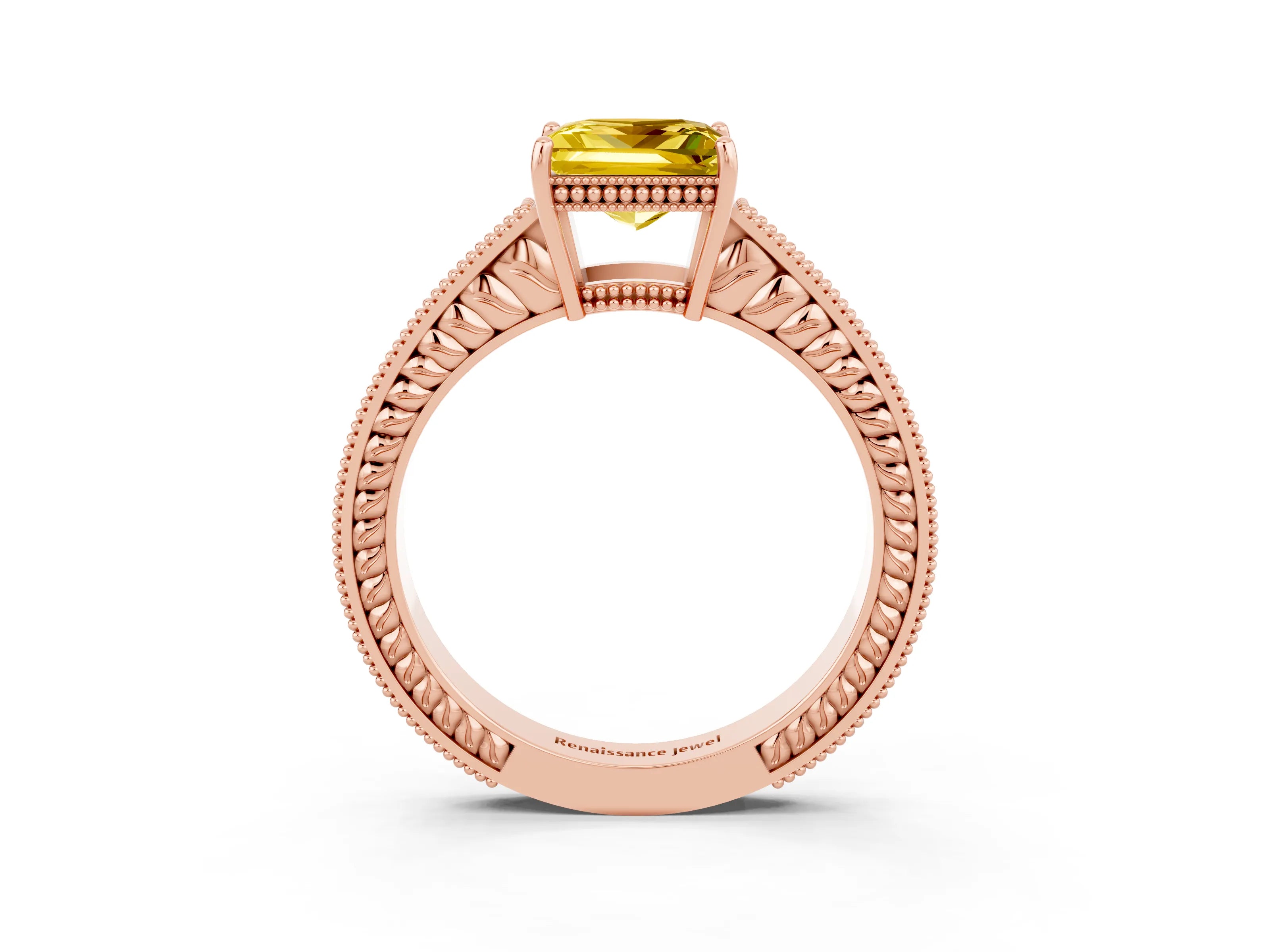 Rose gold Princess Cut Yellow Sapphire Engagement Ring with Milgrain Channel Set Band and Prong Setting_27