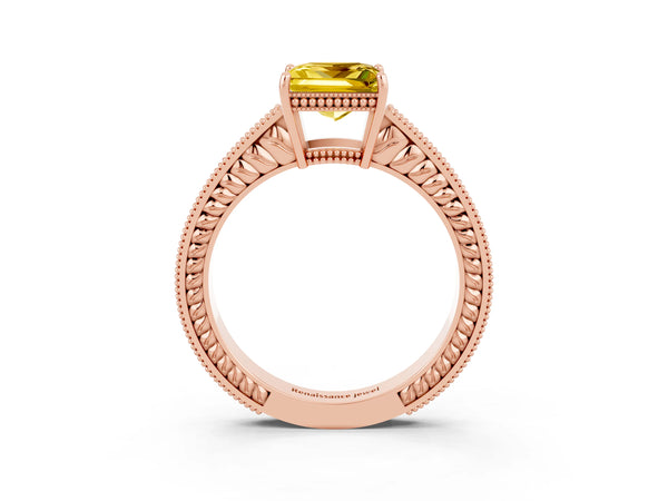 Rose gold Princess Cut Yellow Sapphire Engagement Ring with Milgrain Channel Set Band and Prong Setting