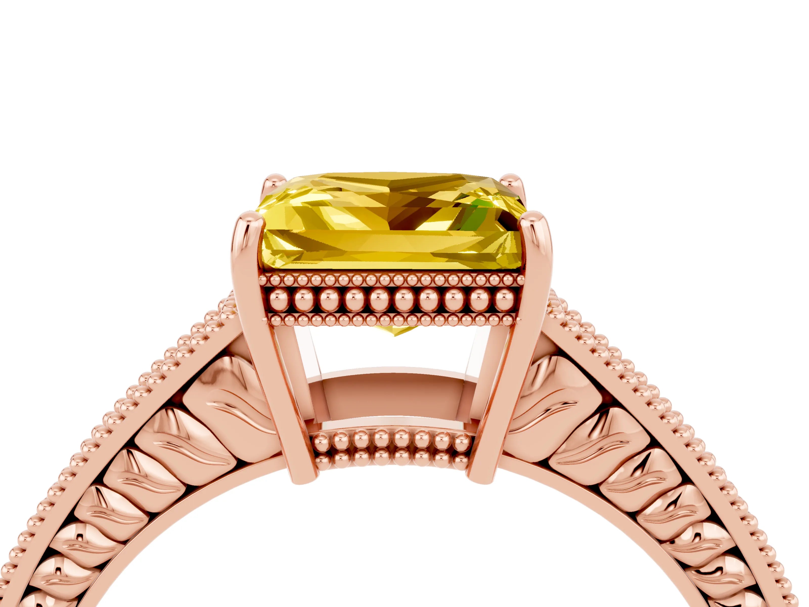 Rose gold Princess Cut Yellow Sapphire Engagement Ring with Milgrain Channel Set Band and Prong Setting_28