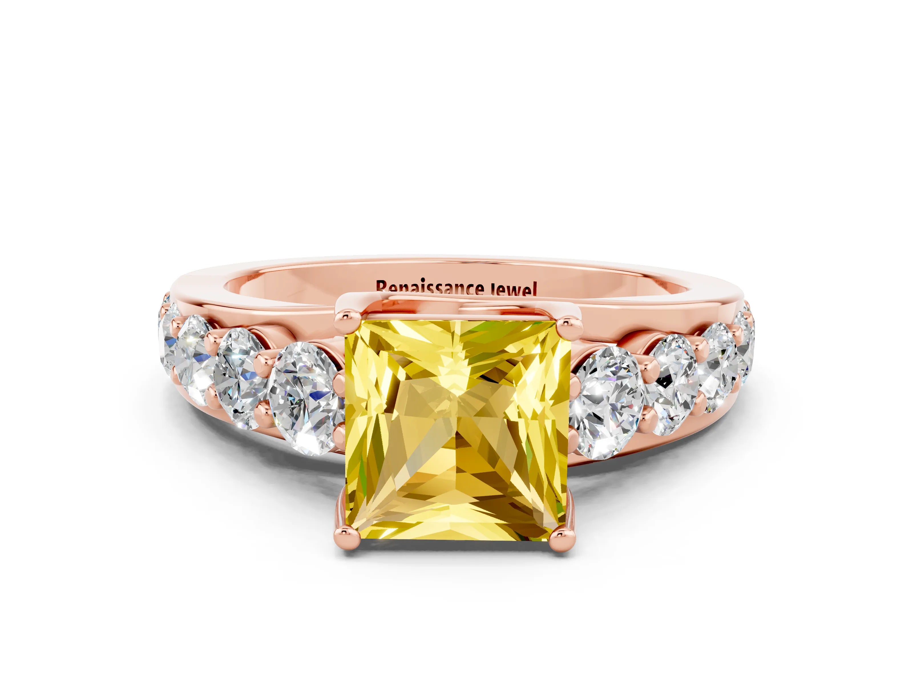 Rose gold Princess Cut Yellow Sapphire Engagement Ring with Pavé Band and Four-Prong Setting