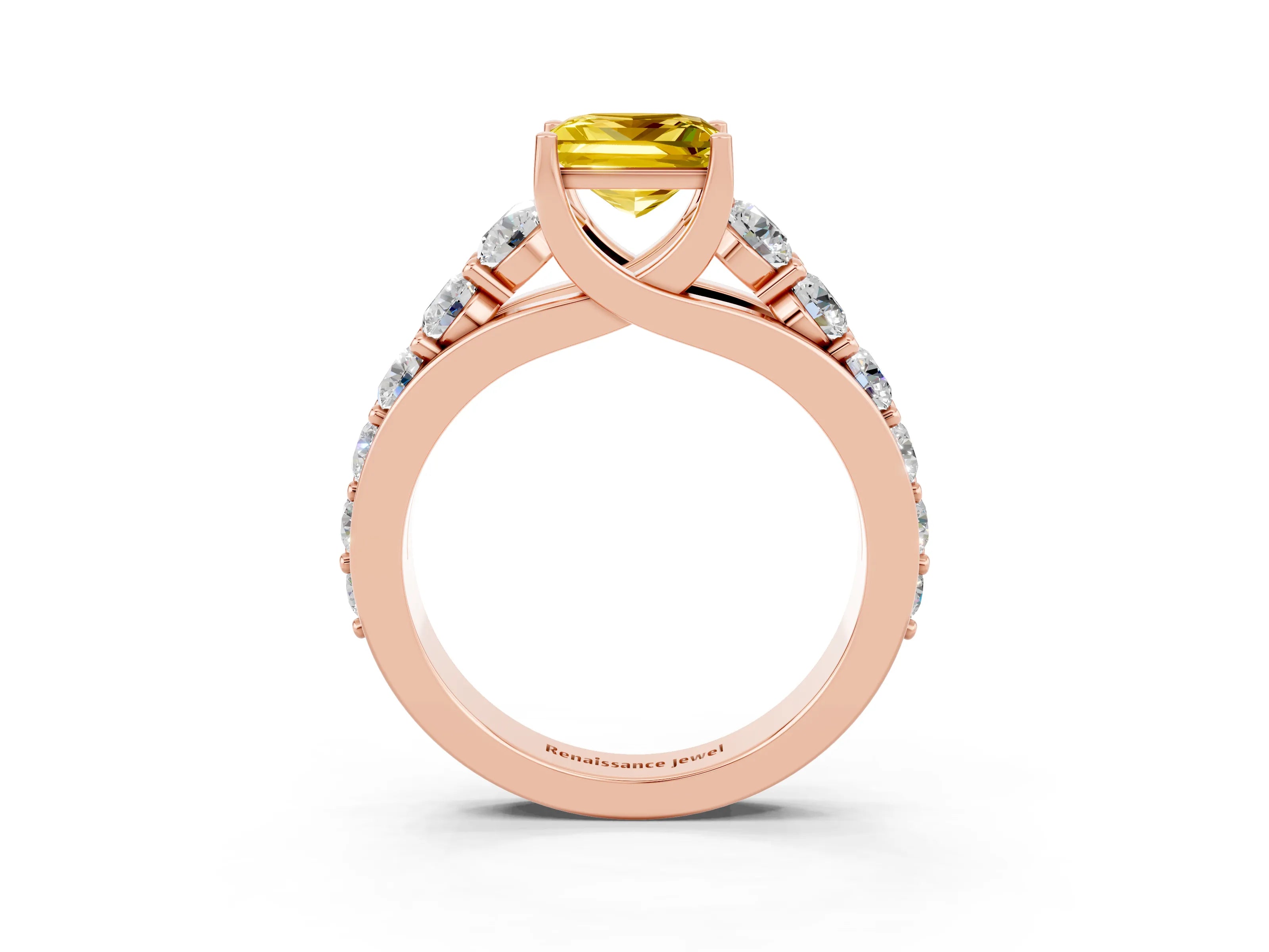 Rose gold Princess Cut Yellow Sapphire Engagement Ring with Pavé Band and Four-Prong Setting_3