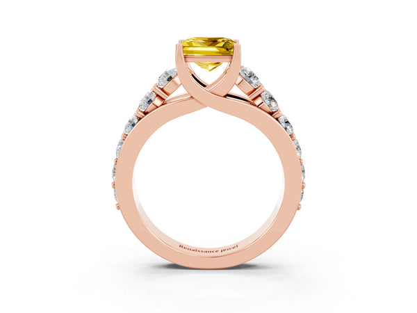 Rose gold Princess Cut Yellow Sapphire Engagement Ring with Pavé Band and Four-Prong Setting