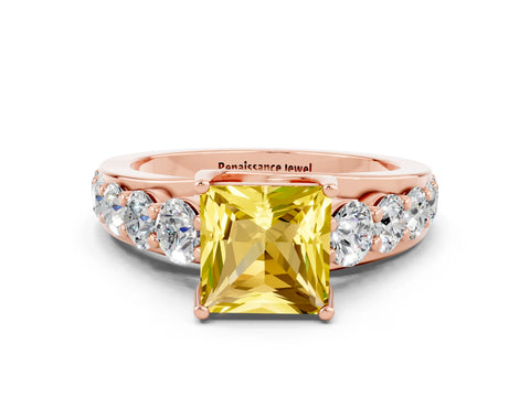 Rose gold Princess Cut Yellow Sapphire Engagement Ring with Pavé Band and Four-Prong Setting