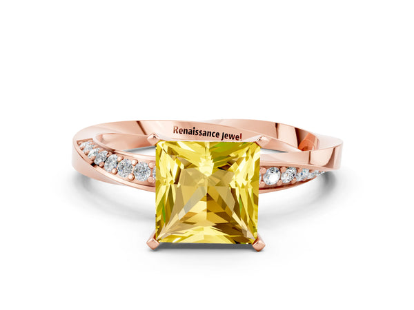 Rose gold Princess Cut Yellow Sapphire Engagement Ring with Side Stone Accents and Four-Prong Setting