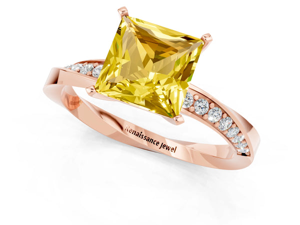 Rose gold Princess Cut Yellow Sapphire Engagement Ring with Side Stone Accents and Four-Prong Setting