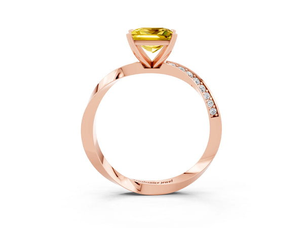 Rose gold Princess Cut Yellow Sapphire Engagement Ring with Side Stone Accents and Four-Prong Setting