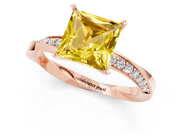 Rose gold Princess Cut Yellow Sapphire Engagement Ring with Side Stone Accents and Four-Prong Setting