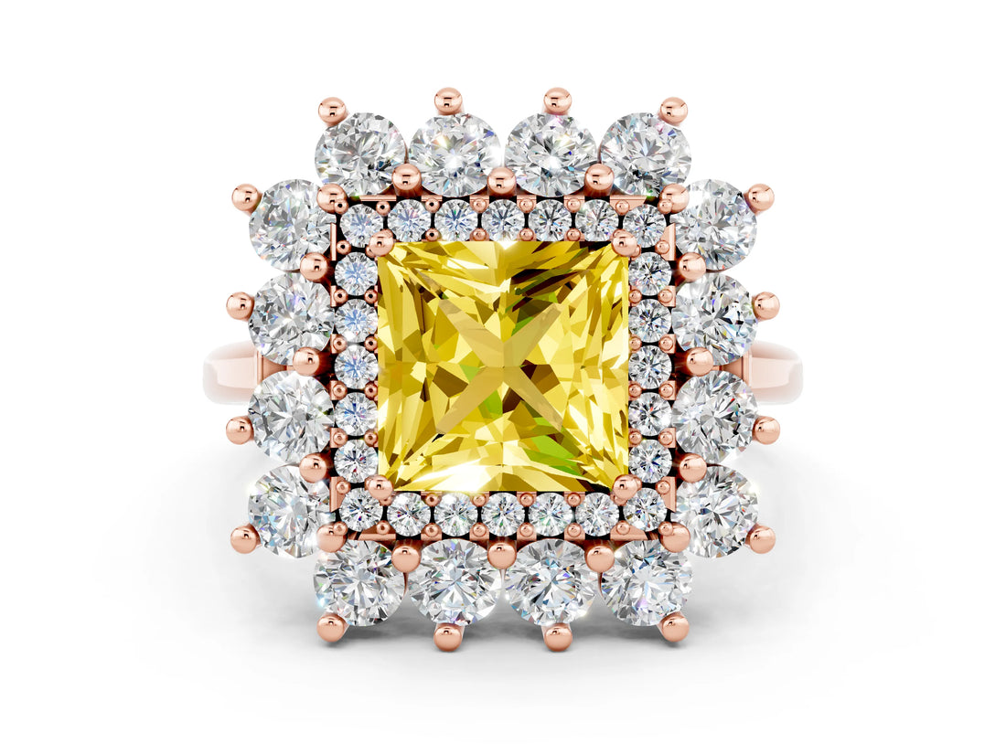 Rose gold Princess Cut Yellow Sapphire Floral Double Halo Engagement Ring with Prong Setting_60