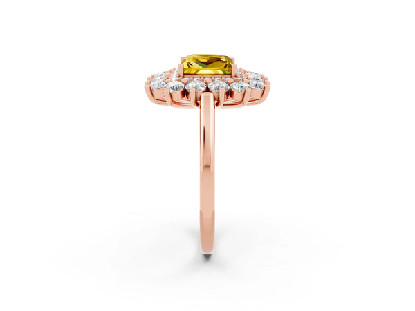 Rose gold Princess Cut Yellow Sapphire Floral Double Halo Engagement Ring with Prong Setting