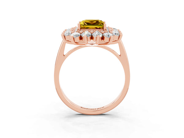 Rose gold Princess Cut Yellow Sapphire Floral Double Halo Engagement Ring with Prong Setting