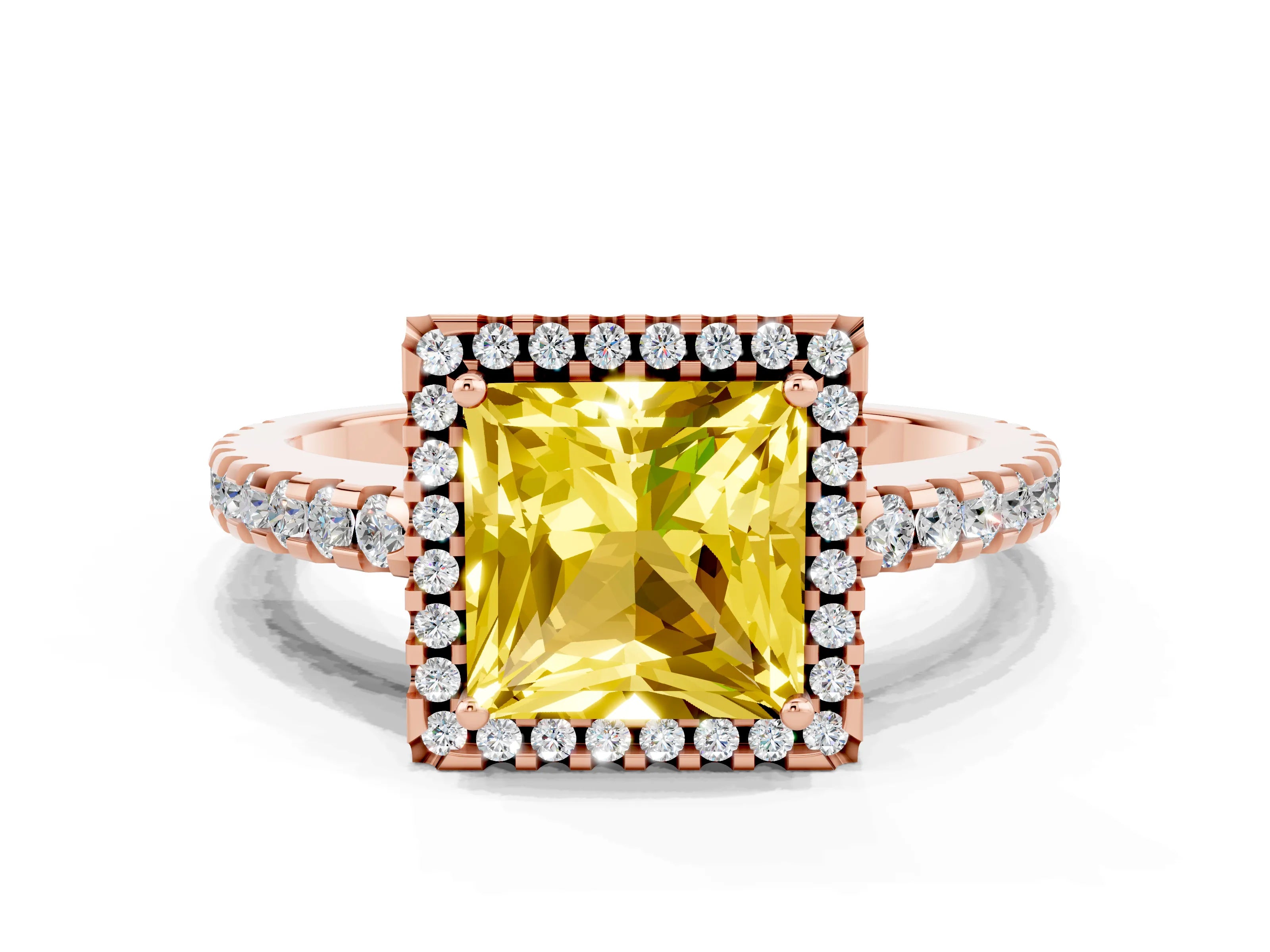 Rose gold Princess Cut Yellow Sapphire Halo Engagement Ring with Pavé Band and Prong Setting_12