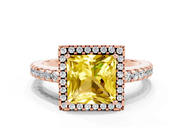 Rose gold Princess Cut Yellow Sapphire Halo Engagement Ring with Pavé Band and Prong Setting