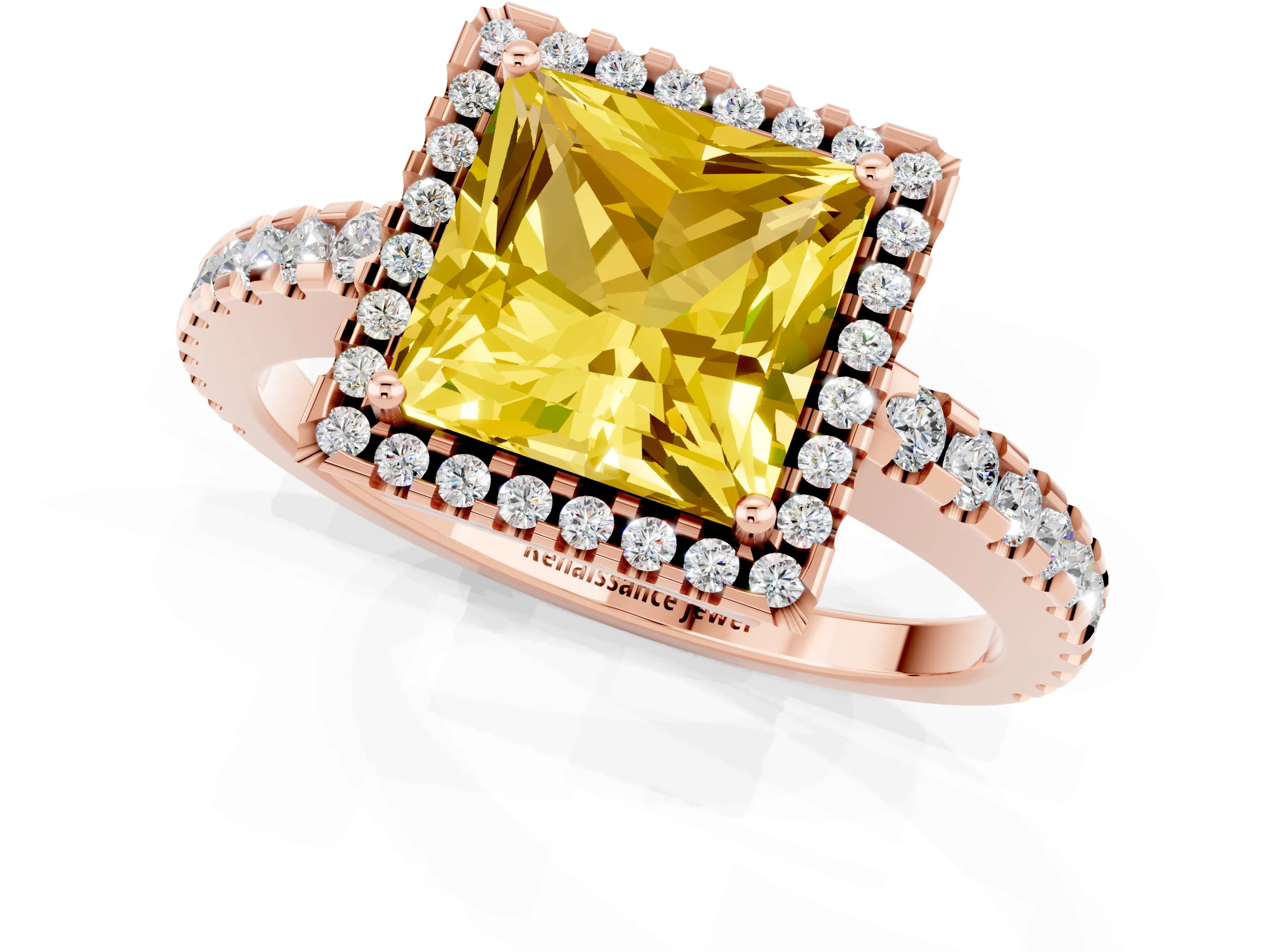 Rose gold Princess Cut Yellow Sapphire Halo Engagement Ring with Pavé Band and Prong Setting_13