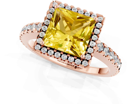Rose gold Princess Cut Yellow Sapphire Halo Engagement Ring with Pavé Band and Prong Setting_13