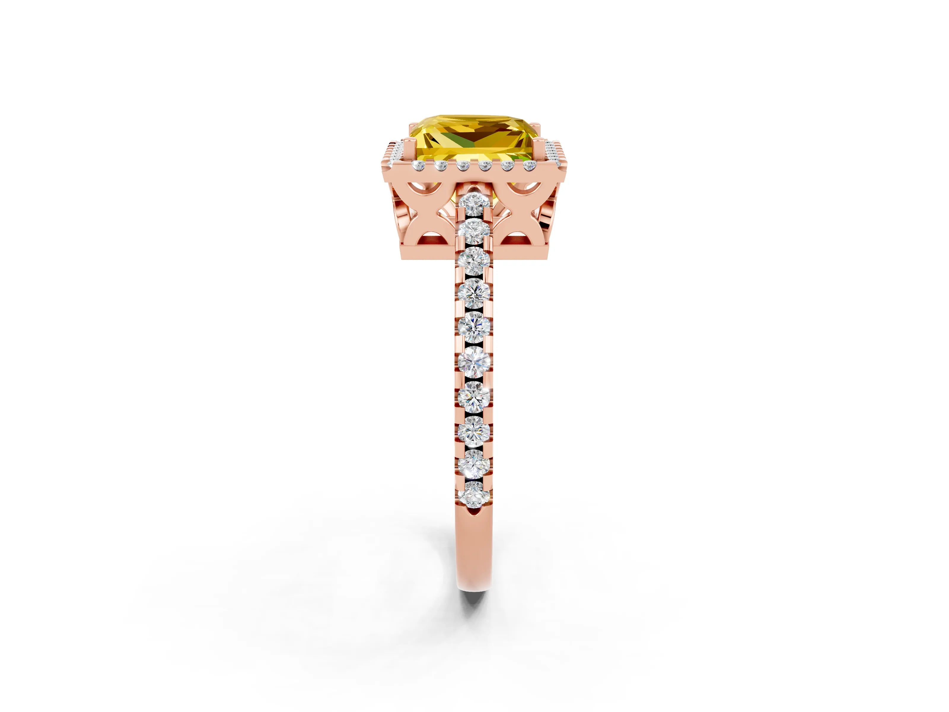 Rose gold Princess Cut Yellow Sapphire Halo Engagement Ring with Pavé Band and Prong Setting_14
