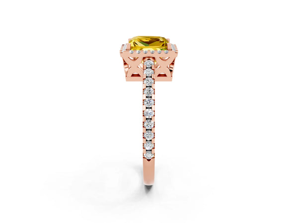 Rose gold Princess Cut Yellow Sapphire Halo Engagement Ring with Pavé Band and Prong Setting