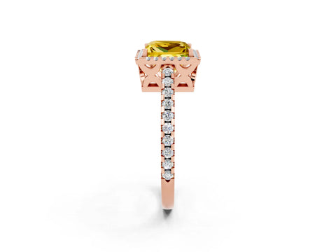 Rose gold Princess Cut Yellow Sapphire Halo Engagement Ring with Pavé Band and Prong Setting_14