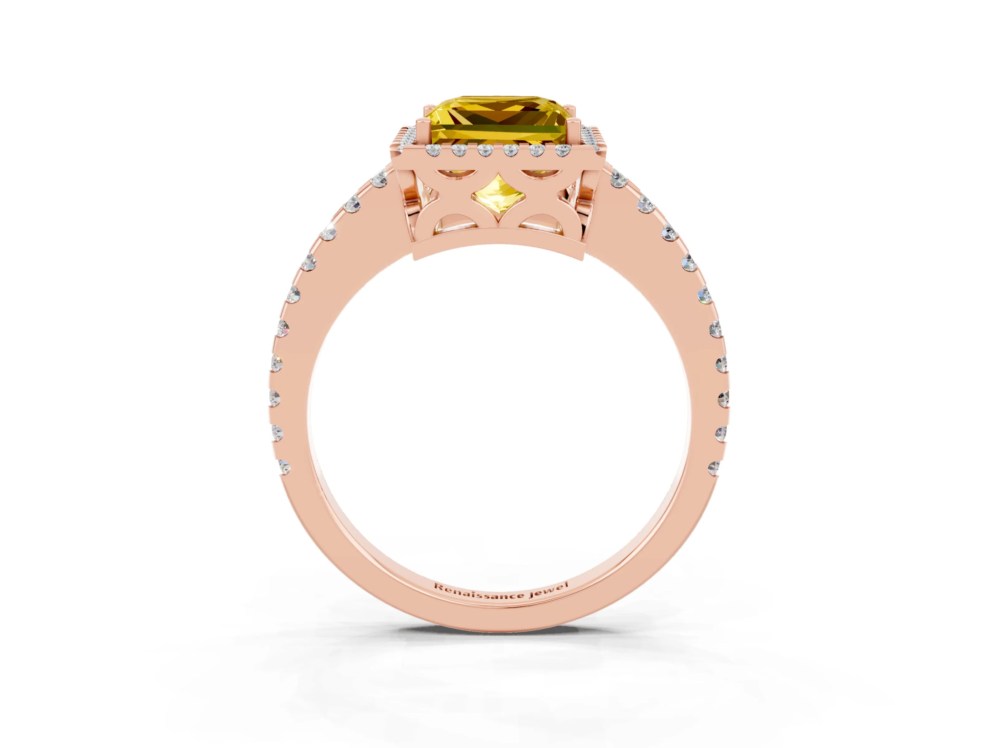 Rose gold Princess Cut Yellow Sapphire Halo Engagement Ring with Pavé Band and Prong Setting_15