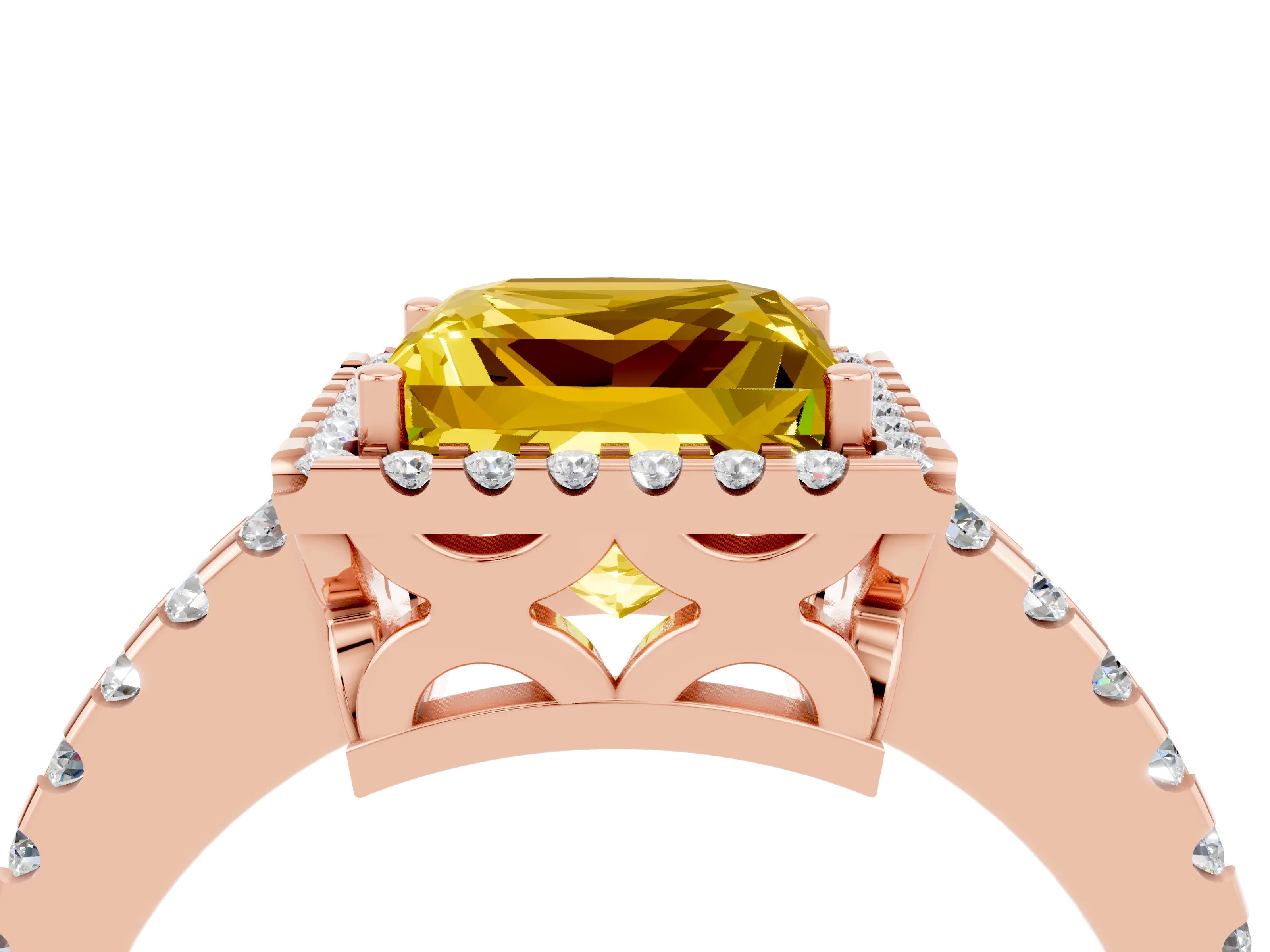 Rose gold Princess Cut Yellow Sapphire Halo Engagement Ring with Pavé Band and Prong Setting_16