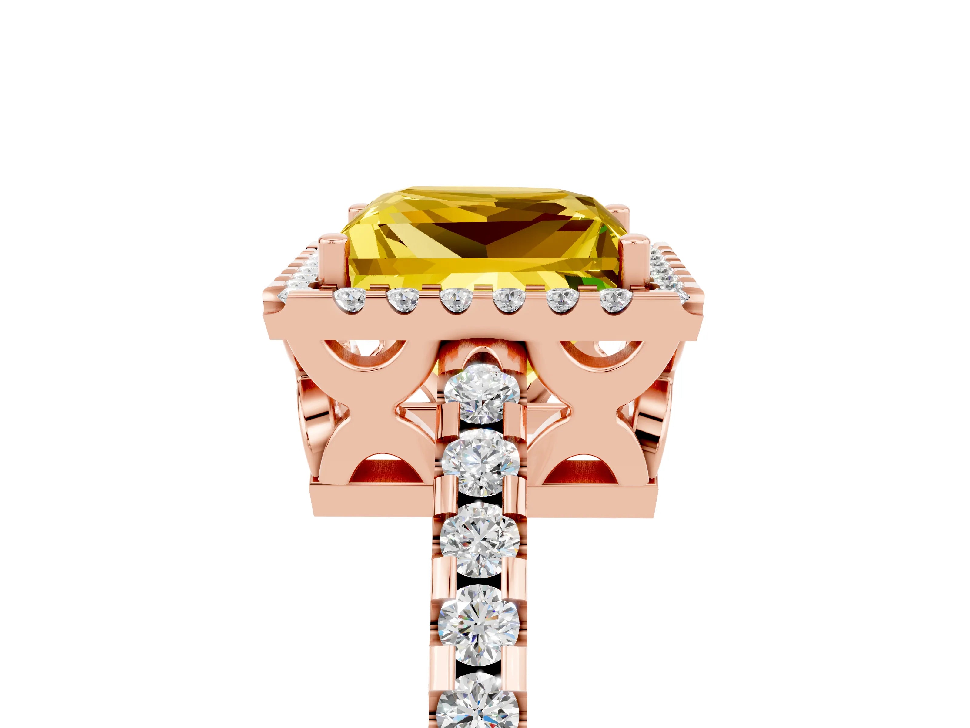 Rose gold Princess Cut Yellow Sapphire Halo Engagement Ring with Pavé Band and Prong Setting_17
