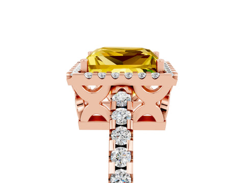 Rose gold Princess Cut Yellow Sapphire Halo Engagement Ring with Pavé Band and Prong Setting_17