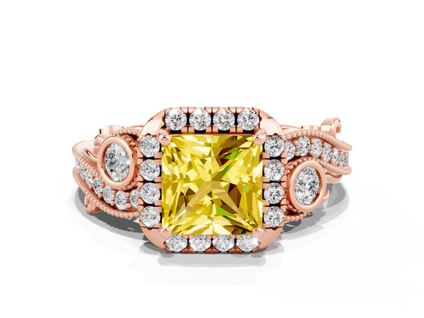 Rose gold Princess Cut Yellow Sapphire Halo Ring with Milgrain Pavé Band and Four-Prong Setting